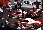 The 37 and 38 Toyotas are pushed into place before the start.  37 was the car of Wallace, Raphanel and Acheson, while 38 was driven by Lees, Lammers and Fangio.
