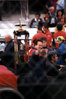 A thumb's-up from Rheinhold Joest to his great pal Aysedasi as he spots him on the tribunes.  (Well, maybe not....).  But this was a man who was hoping for a repeat of last year's result.  Herr Joest escorts the winner's trophy as it is formally returned to the ACO, ready for the 1997 Le Mans winners to receive.